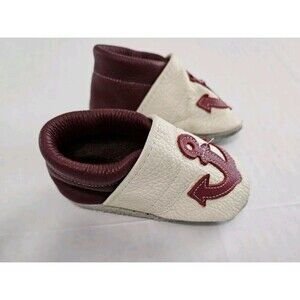 Leather Baby Crib Shoes Anchor White And Red 0-6 Months